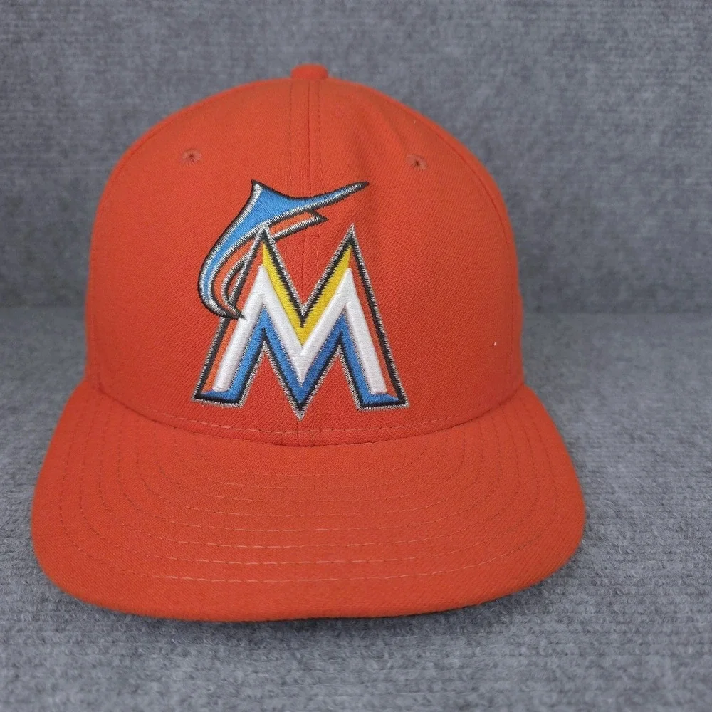 Miami Marlins Hat On Field‎ Players Cap Fitted 7 5/8 Orange MLB Made In USA Mens